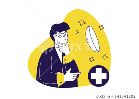 Doctor ophthalmologist modern flat concept for web banner design. Man chooses between glasses and lenses to correct vision, exams eyesight at clinic. Vector illustration with isolated people scene. 141341102