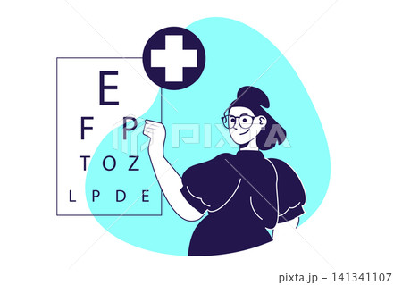 Doctor ophthalmologist modern flat concept for web banner design. Eye specialist doing eyesight tests with chart, makes correction with glasses or lens. Vector illustration with isolated people scene. Doctor ophthalmologist modern flat concept for web banner design. Eye specialist doing eyesight tests with chart, makes correction with glasses or lens. Vector illustration with isolated people scene. 141341107