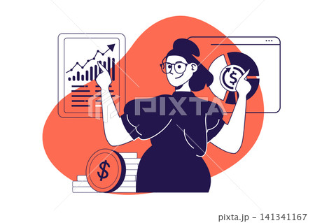 Business and finance modern flat concept for web banner design. Woman making financial analysis, working with income data graphs and earning charts. Vector illustration with isolated people scene. Business and finance modern flat concept for web banner design. Woman making financial analysis, working with income data graphs and earning charts. Vector illustration with isolated people scene. 141341167