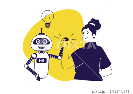AI technology modern flat concept for web banner design. Woman communicating with artificial intelligence assistant for brainstorming and working. Vector illustration with isolated people scene. AI technology modern flat concept for web banner design. Woman communicating with artificial intelligence assistant for brainstorming and working. Vector illustration with isolated people scene. 141341171