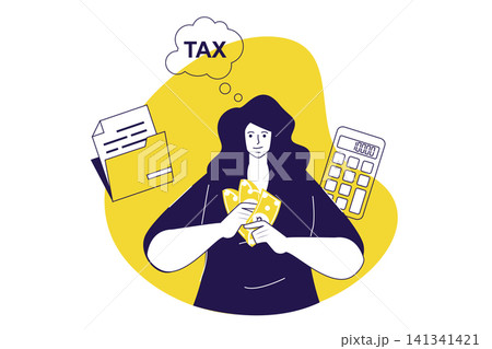 Tax declaration modern flat concept for web banner design. Woman calculating income earning and planning her budget, paying taxation and financial bill. Vector illustration with isolated people scene. 141341421