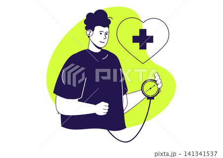 Heart health modern flat concept for web banner design. Man measuring blood pressure with tonometer, monitoring heartbeat and cardiac performances. Vector illustration with isolated people scene. Heart health modern flat concept for web banner design. Man measuring blood pressure with tonometer, monitoring heartbeat and cardiac performances. Vector illustration with isolated people scene. 141341537