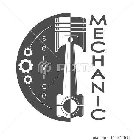 Mechanic. Logo, sign, decal, or sticker idea for a car repair shop. Vector illustration with a lettering, piston, and gear. Template for a themed design Mechanic. Logo, sign, decal, or sticker idea for a car repair shop. Vector illustration with a lettering, piston, and gear. Template for a themed design 141341691