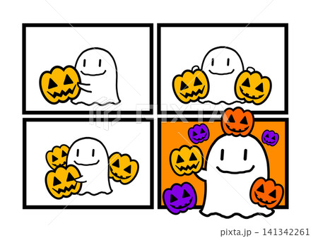 ハロウィンの可愛いオバケとジャック・オー・ランタンの四コマ漫画風イラスト素材 141342261