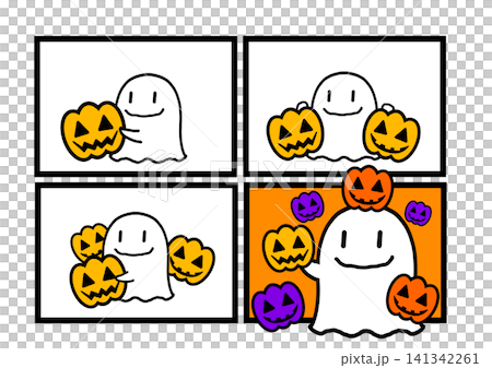 ハロウィンの可愛いオバケとジャック・オー・ランタンの四コマ漫画風イラスト素材 141342261