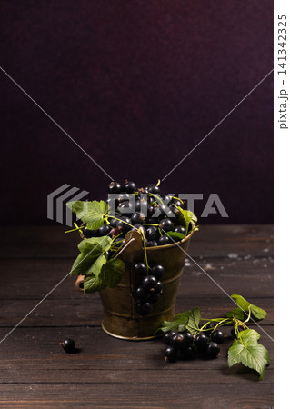 Fresh blackcurrant berries in a metal bucket Fresh blackcurrant berries in a metal bucket 141342325