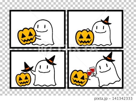 ハロウィンの可愛いオバケとジャック・オー・ランタンの四コマ漫画風イラスト素材 ハロウィンの可愛いオバケとジャック・オー・ランタンの四コマ漫画風イラスト素材 141342333