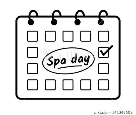 Spa Day Calendar Reminder Icon with Checked Date, Handwritten Text and Circled Mark, Black Outline Illustration for Wellness Appointment, Relaxation, Massage, Self Care Planning and Personal Schedule Spa Day Calendar Reminder Icon with Checked Date, Handwritten Text and Circled Mark, Black Outline Illustration for Wellness Appointment, Relaxation, Massage, Self Care Planning and Personal Schedule 141342508
