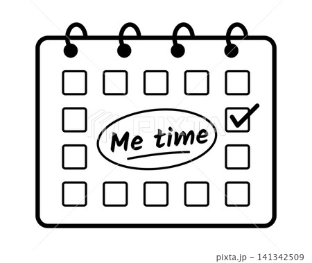 Me Time Calendar Reminder Icon with Checked Date, Handwritten Text and Circled Mark, Black Outline Illustration for Self Care, Relaxation, Personal Break, Wellness Planning and Work Life Balance Me Time Calendar Reminder Icon with Checked Date, Handwritten Text and Circled Mark, Black Outline Illustration for Self Care, Relaxation, Personal Break, Wellness Planning and Work Life Balance 141342509