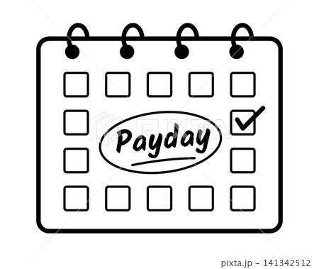 Payday Calendar Reminder Icon with Checked Date, Handwritten Text and Circled Mark, Black Outline Illustration for Salary Payment, Budget Planning, Personal Finance, Monthly Income Expense Schedule Payday Calendar Reminder Icon with Checked Date, Handwritten Text and Circled Mark, Black Outline Illustration for Salary Payment, Budget Planning, Personal Finance, Monthly Income Expense Schedule 141342512