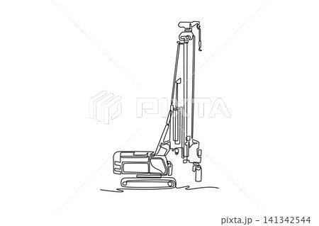 Continuous one line drawing heavy industrial piling rig or rotary drilling vehicle used for deep foundation construction, mining site preparation. Single line draw design vector graphic illustration 141342544