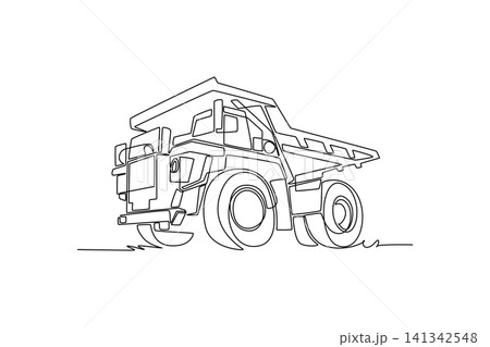 Continuous one line drawing massive industrial mining construction dump truck, highlighting its giant wheels and powerful cabin from low angle view. Single line draw design vector graphic illustration Continuous one line drawing massive industrial mining construction dump truck, highlighting its giant wheels and powerful cabin from low angle view. Single line draw design vector graphic illustration 141342548