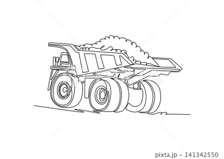 Continuous one line drawing back view of massive industrial mining dump truck carrying heavy load, showcasing its large wheels and mechanical build. Single line draw design vector graphic illustration Continuous one line drawing back view of massive industrial mining dump truck carrying heavy load, showcasing its large wheels and mechanical build. Single line draw design vector graphic illustration 141342550