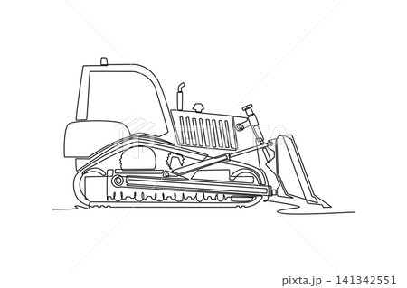 Single continuous line drawing side view of a heavy industrial tracked bulldozer construction machine with front loader shovel blade lowered to ground. One line draw graphic design vector illustration Single continuous line drawing side view of a heavy industrial tracked bulldozer construction machine with front loader shovel blade lowered to ground. One line draw graphic design vector illustration 141342551