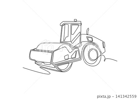 Single one line drawing heavy industrial road roller compactor construction truck, showcasing its massive front drum roller and wheels. Modern continuous line draw design graphic vector illustration Single one line drawing heavy industrial road roller compactor construction truck, showcasing its massive front drum roller and wheels. Modern continuous line draw design graphic vector illustration 141342559