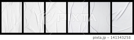 white crumpled and creased glued mockup paper poster template set isolated on black background 141343258