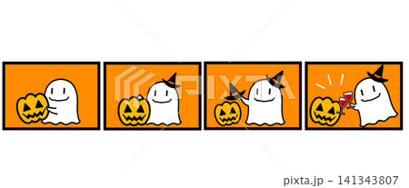 ハロウィンの可愛いオバケとジャック・オー・ランタンの四コマ漫画風イラスト素材 ハロウィンの可愛いオバケとジャック・オー・ランタンの四コマ漫画風イラスト素材 141343807