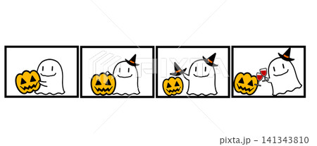 ハロウィンの可愛いオバケとカボチャの四コマ漫画風イラスト素材(コマの内側も透過) ハロウィンの可愛いオバケとカボチャの四コマ漫画風イラスト素材(コマの内側も透過) 141343810