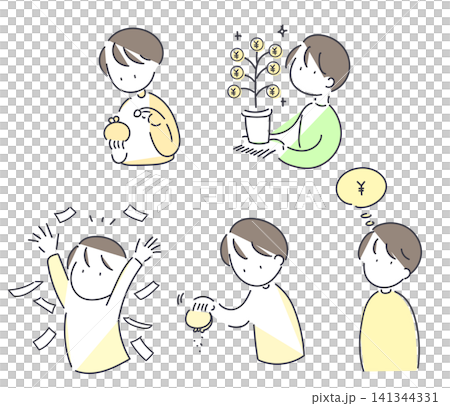 A set of simple line art vector illustrations of people related to money and investment. A set of simple line art vector illustrations of people related to money and investment. 141344331