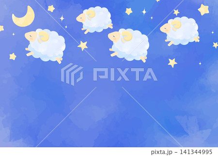 未年_年賀状文字なしデザイン_水彩風の夜空と羊2_横 未年_年賀状文字なしデザイン_水彩風の夜空と羊2_横 141344995