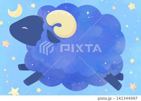 未年_年賀状文字なしデザイン_水彩風の夜空と羊3_横 未年_年賀状文字なしデザイン_水彩風の夜空と羊3_横 141344997