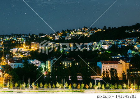 Night View of Cityscape in Oslo, Norway. Panoramic night view of the Oslo skyline with city lights. 141345283