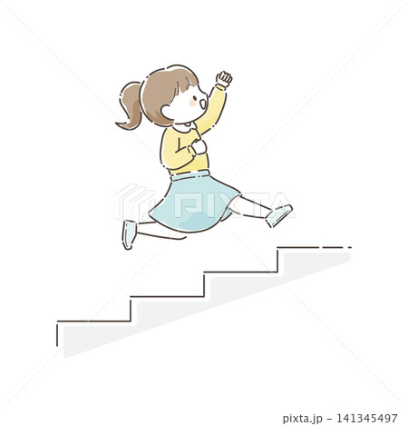 階段を上る女の子のイラスト(ジャンプ、手描き風) 階段を上る女の子のイラスト(ジャンプ、手描き風) 141345497