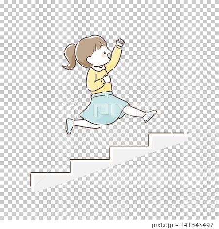 階段を上る女の子のイラスト(ジャンプ、手描き風) 階段を上る女の子のイラスト(ジャンプ、手描き風) 141345497