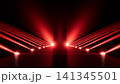 Symmetrical red stage lighting with converging laser beams over illuminated walkway and bright spotlights against deep black background, creating dramatic concert atmosphere with glowing perspective 141345501
