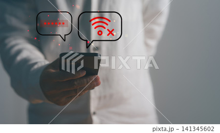Cybersecurity concept showing a person using a smartphone with password protection and no WiFi connection icons. Digital privacy, mobile security, network failure, secure access and cyber protection. Cybersecurity concept showing a person using a smartphone with password protection and no WiFi connection icons. Digital privacy, mobile security, network failure, secure access and cyber protection. 141345602