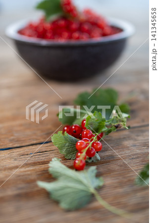 Red currant sprig on rustic wooden table with glossy berries, green leaves, and softly blurred bowl of fruit in background, natural light highlighting fresh summer harvest texture Red currant sprig on rustic wooden table with glossy berries, green leaves, and softly blurred bowl of fruit in background, natural light highlighting fresh summer harvest texture 141345658