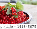 Ripe red currants with green leaves nestled in metal bowl on rustic wooden table, glossy translucent berries in soft natural light, fresh harvest still life with shallow depth of field 141345675