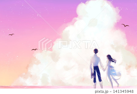 手を繋ぐ男女　夏　海　入道雲　夕暮れ 141345948