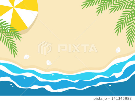 夏の海の背景、ビーチパラソルとヤシの葉と砂浜の風景 夏の海の背景、ビーチパラソルとヤシの葉と砂浜の風景 141345988