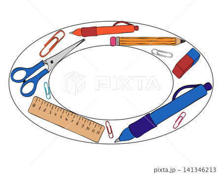 Back to school School student tools frame oval hand drawn illustration. Vector graphic line ink art template. Perfect for logo, branding, packaging, labels, and modern decor design. Back to school School student tools frame oval hand drawn illustration. Vector graphic line ink art template. Perfect for logo, branding, packaging, labels, and modern decor design. 141346213