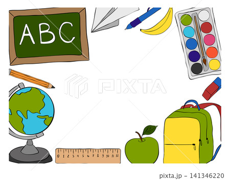 School elementary tools frame rectangle hand drawn illustration. Vector graphic line ink art template. essential educational supplies for students, perfect for promotions and learning School elementary tools frame rectangle hand drawn illustration. Vector graphic line ink art template. essential educational supplies for students, perfect for promotions and learning 141346220