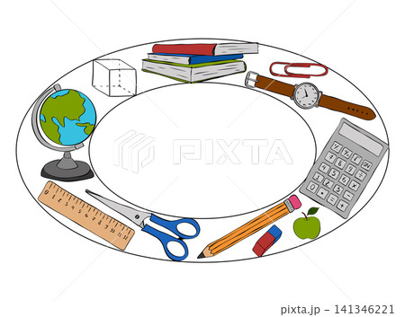 School supplies and stationery items School student tools frame oval hand drawn illustration. Vector graphic line ink art template. Design for package, cosmetic, textile, cards. 141346221