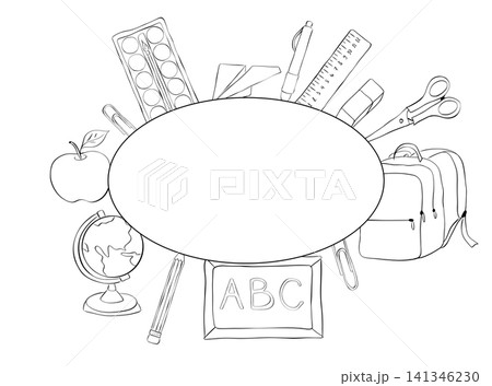 School elementary student tools frame Black and white oval hand drawn illustration. Vector graphic line ink art template. design for textile prints, sticker sale promotion, print for t-shirt School elementary student tools frame Black and white oval hand drawn illustration. Vector graphic line ink art template. design for textile prints, sticker sale promotion, print for t-shirt 141346230