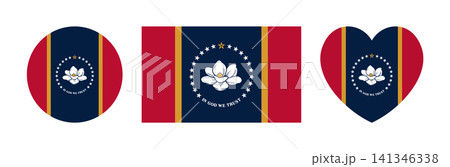 Mississippi flag circle, rectangle, heart sticker, icon set. Flag of state Mississippi round, heart shaped, rectangular button, banner, background. Mississippi flag circle, rectangle, heart sticker, icon set. Flag of state Mississippi round, heart shaped, rectangular button, banner, background. 141346338
