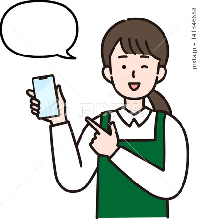 スマートフォンを持って案内する女性販売員(指差し・吹き出し付き)|接客・アプリ・QRコード スマートフォンを持って案内する女性販売員(指差し・吹き出し付き)|接客・アプリ・QRコード 141346688