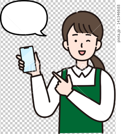 スマートフォンを持って案内する女性販売員(指差し・吹き出し付き)|接客・アプリ・QRコード スマートフォンを持って案内する女性販売員(指差し・吹き出し付き)|接客・アプリ・QRコード 141346688