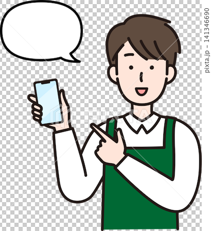 A male salesperson giving instructions with a smartphone (pointing and with speech bubbles) | Customer service, apps, QR codes A male salesperson giving instructions with a smartphone (pointing and with speech bubbles) | Customer service, apps, QR codes 141346690