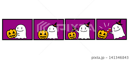 ハロウィンの可愛いオバケとジャック・オー・ランタンの四コマ漫画風イラスト素材 141346843