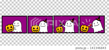 ハロウィンの可愛いオバケとジャック・オー・ランタンの四コマ漫画風イラスト素材 141346843