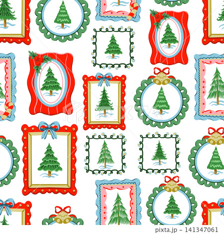 Christmas Tree Frames Seamless Pattern Holiday Winter Festive Decor Gift Wrapping Ornament Illustration Christmas Tree Frames Seamless Pattern Holiday Winter Festive Decor Gift Wrapping Ornament Illustration 141347061