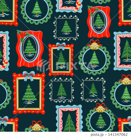 Christmas Tree Frames Seamless Pattern Holiday Winter Festive Decor Gift Wrapping Ornament Illustration 141347062