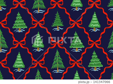 Christmas tree seamless pattern festive winter bows handdrawn holiday decorative background print design 141347066