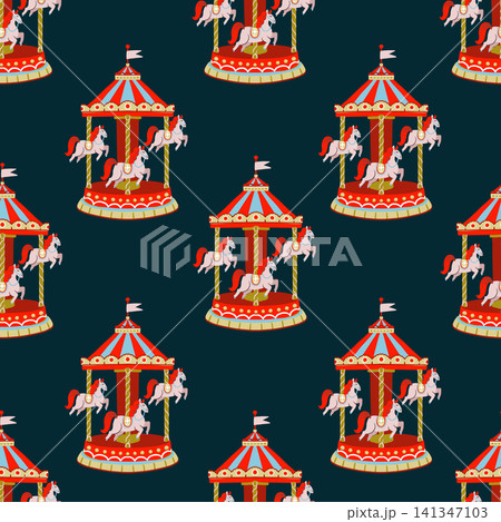 Vintage carousel seamless pattern cute circus horses playful retro amusement park background design 141347103