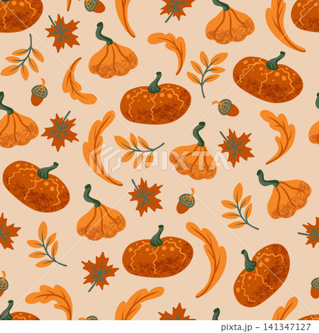 Autumn pumpkin seamless pattern graphic with gourds leaves acorns cozy harvest texture Autumn pumpkin seamless pattern graphic with gourds leaves acorns cozy harvest texture 141347127