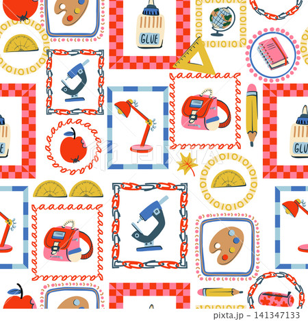 Back to School Seamless Pattern with Colorful Stationery Art Science Apple Supplies Design Back to School Seamless Pattern with Colorful Stationery Art Science Apple Supplies Design 141347133